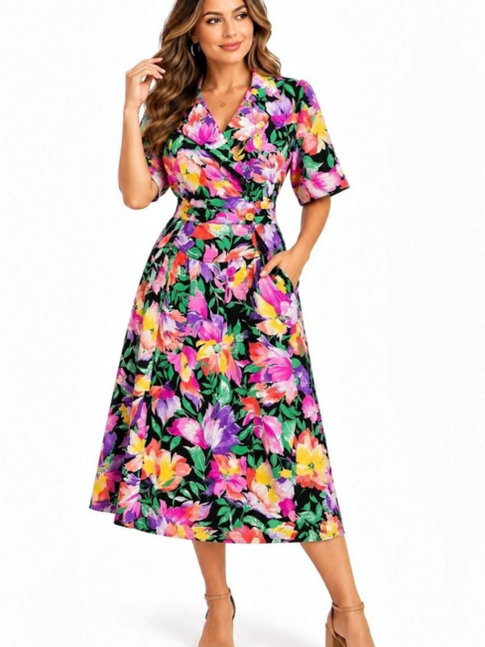 Vintage RIO Floral Midi Dress in Black & Pink
